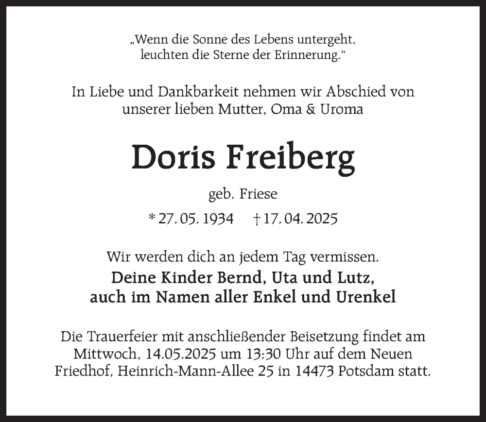  Traueranzeige für Doris Freiberg vom 26.04.2025 aus Märkischen Allgemeine Zeitung