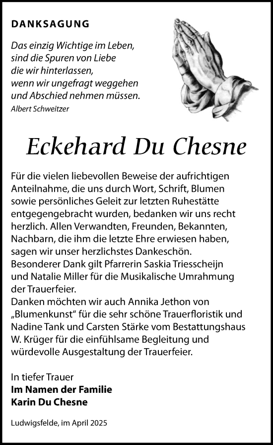 Traueranzeige von Eckehard Du Chesne von Märkischen Allgemeine Zeitung