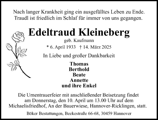 Traueranzeige von Edeltraud Kleineberg von Hannoversche Allgemeine Zeitung/Neue Presse