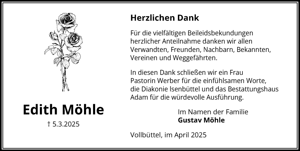  Traueranzeige für Edith Möhle vom 05.04.2025 aus Aller Zeitung