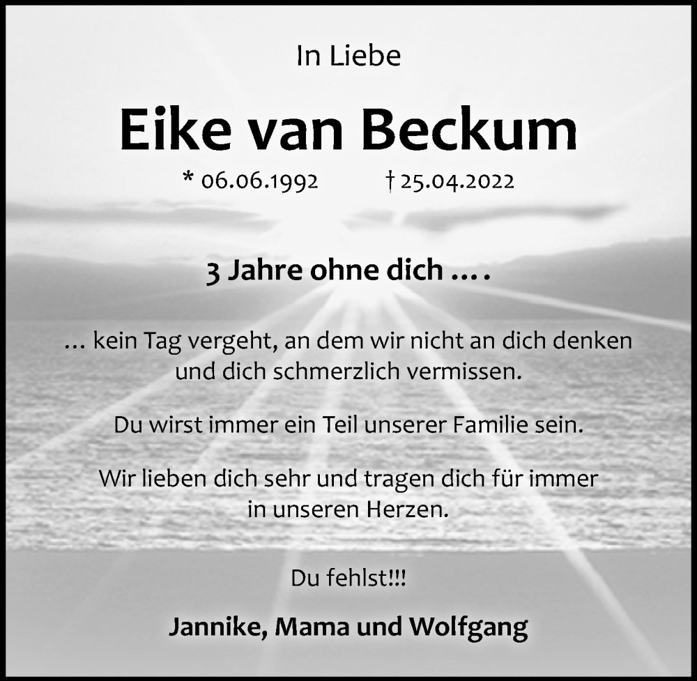  Traueranzeige für Eike van Beckum vom 26.04.2025 aus Göttinger Tageblatt