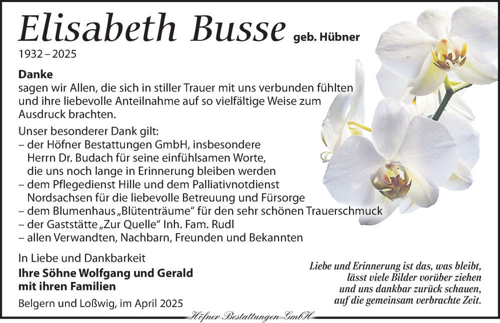  Traueranzeige für Elisabeth Busse vom 26.04.2025 aus Torgauer Zeitung