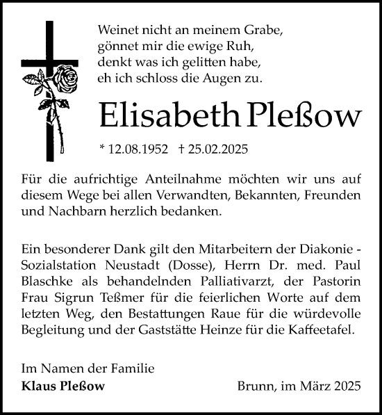 Traueranzeige von Elisabeth Pleßow von Wochenspiegel