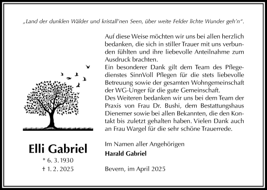 Traueranzeige von Elli Gabriel von Täglicher Anzeiger Holzminden