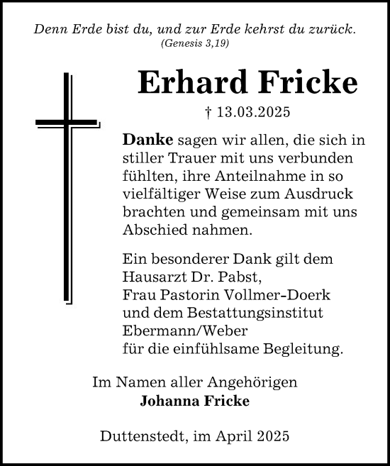 Traueranzeige von Erhard Fricke von Peiner Allgemeine Zeitung