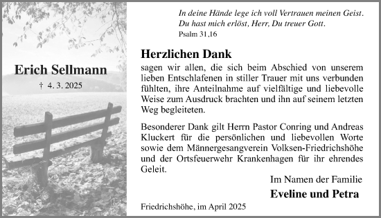 Traueranzeige von Erich Sellmann von Schaumburger Nachrichten und Schaumburger Zeitung/ Landes-Zeitung