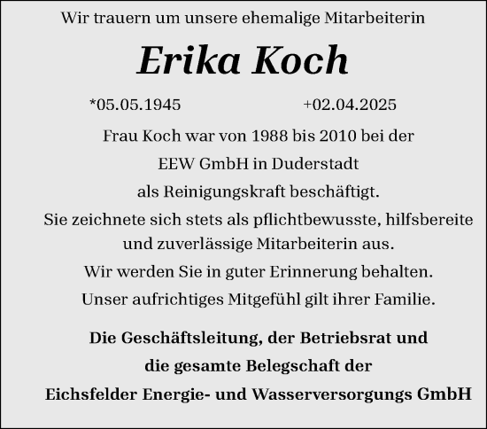 Traueranzeige von Erika Koch von Eichsfelder Tageblatt