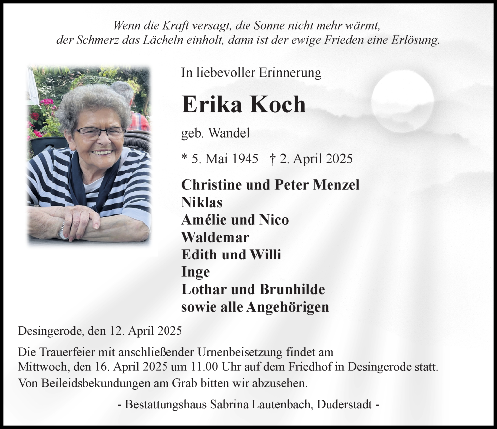  Traueranzeige für Erika Koch vom 12.04.2025 aus Eichsfelder Tageblatt