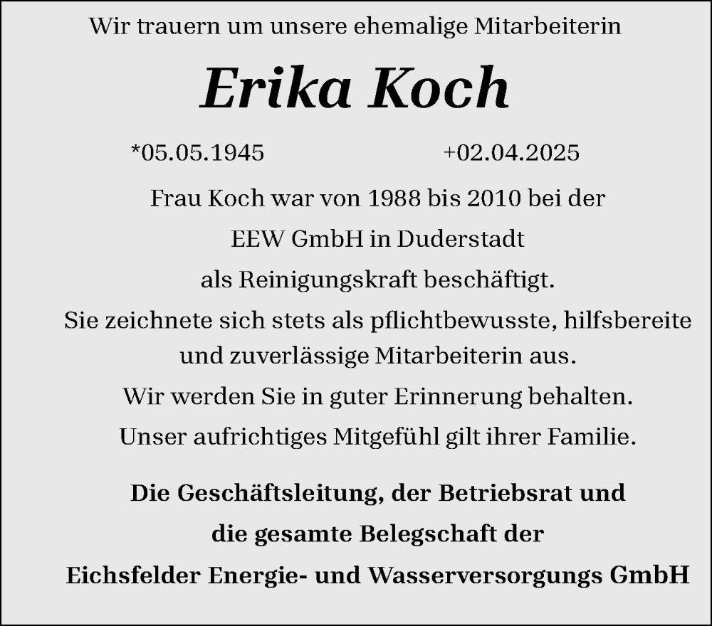  Traueranzeige für Erika Koch vom 19.04.2025 aus Eichsfelder Tageblatt