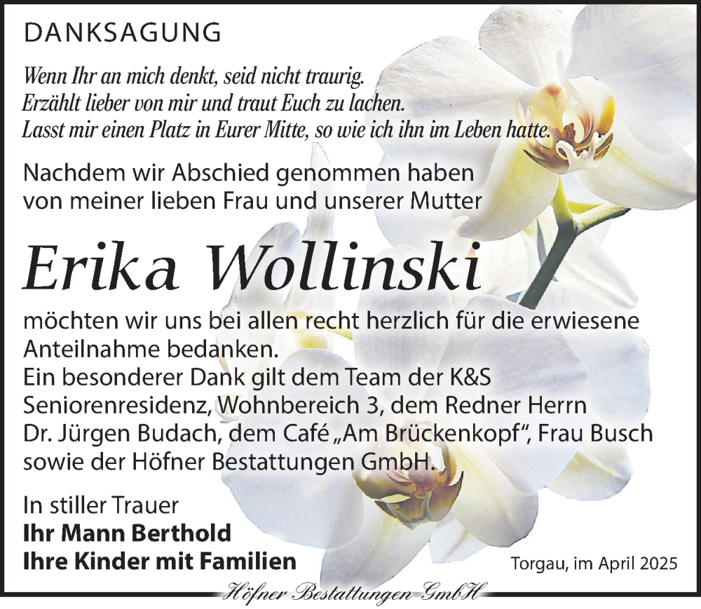  Traueranzeige für Erika Wollinski vom 19.04.2025 aus Torgauer Zeitung