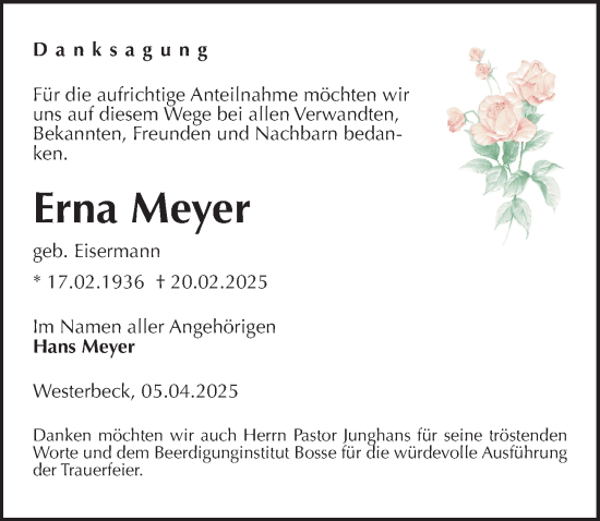 Traueranzeige von Erna Meyer von Aller Zeitung