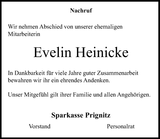 Traueranzeige von Evelin Heinicke von Wochenspiegel