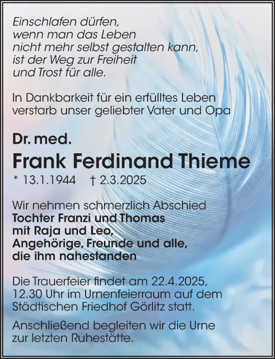 Traueranzeige von Frank Ferdinand Thieme von Sächsische Zeitung
