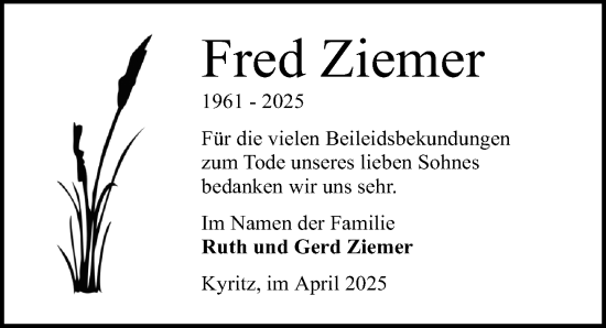 Traueranzeige von Fred Ziemer von Wochenspiegel