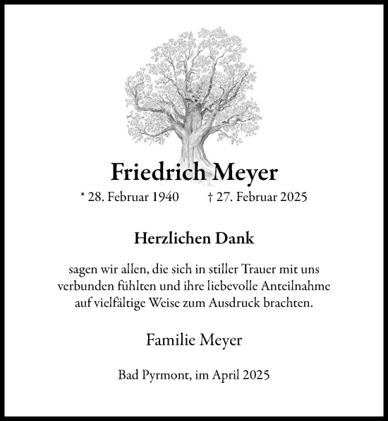 Traueranzeige von Friedrich Meyer von Täglicher Anzeiger Holzminden