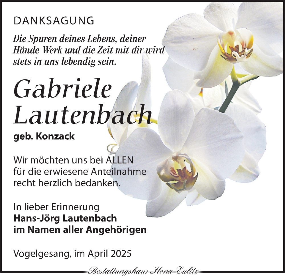  Traueranzeige für Gabriele Lautenbach vom 26.04.2025 aus Torgauer Zeitung