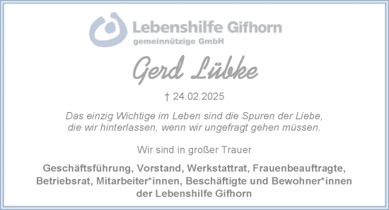 Traueranzeige von Gerd Lübke von Aller Zeitung