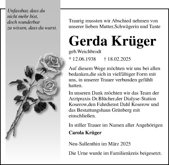 Traueranzeige von Gerda Krüger von Ostsee-Zeitung GmbH