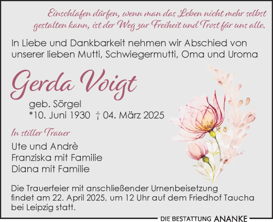 Traueranzeige von Gerda Voigt von Leipziger Volkszeitung