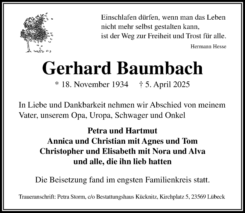  Traueranzeige für Gerhard Baumbach vom 27.04.2025 aus Lübecker Nachrichten