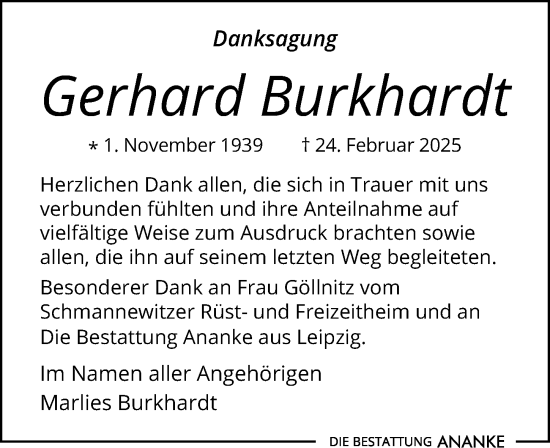 Traueranzeige von Gerhard Burkhardt von Leipziger Volkszeitung