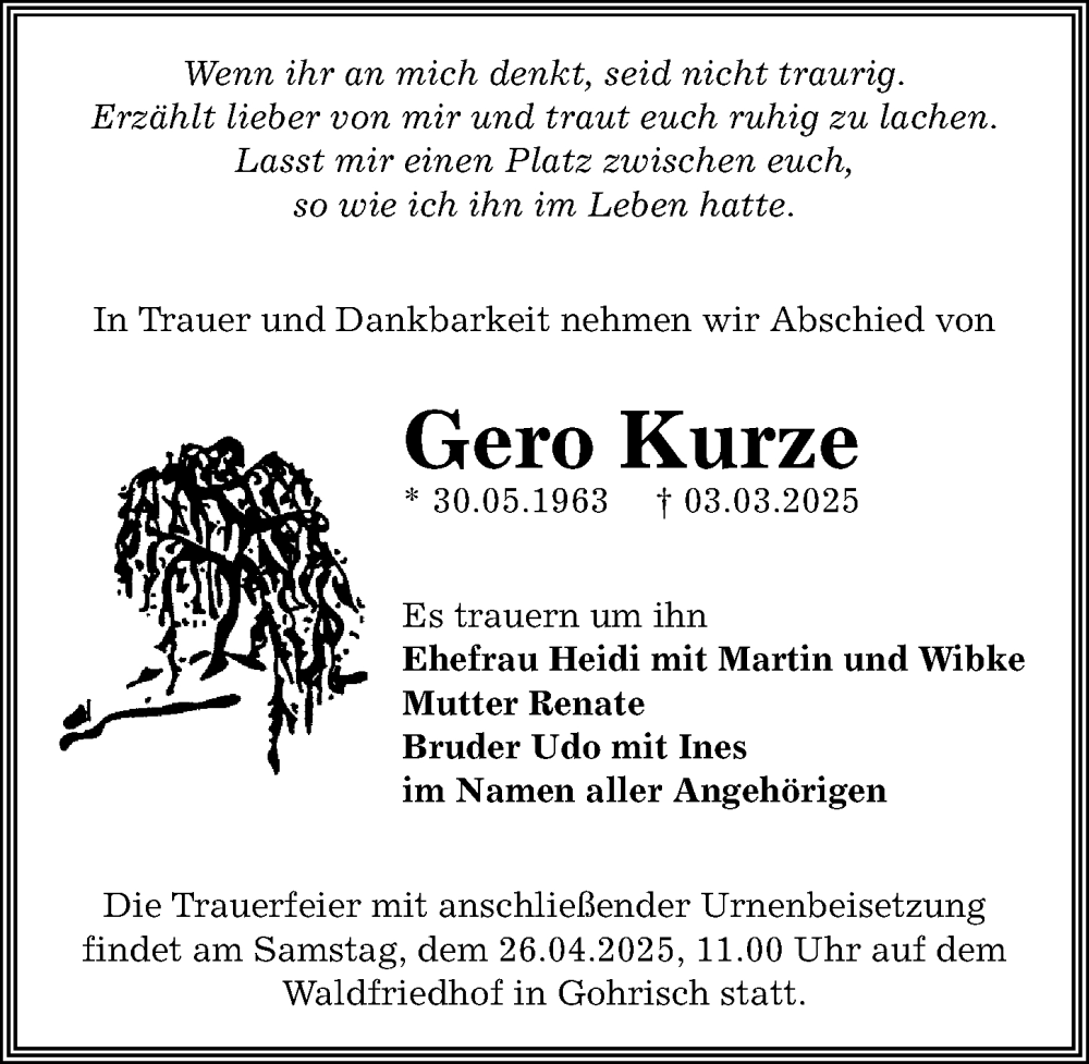  Traueranzeige für Gero Kurze vom 12.04.2025 aus Sächsische Zeitung