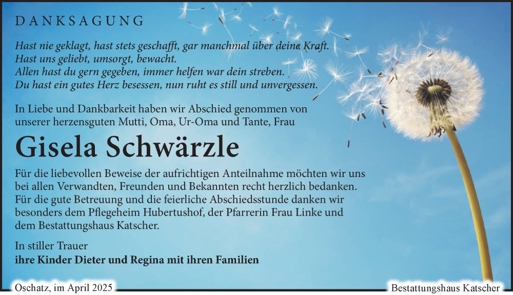  Traueranzeige für Gisela Schwärzle vom 19.04.2025 aus Leipziger Volkszeitung