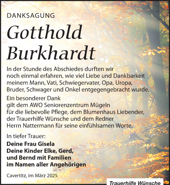 Traueranzeige von Gotthold Burkhardt von Leipziger Volkszeitung