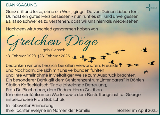 Traueranzeige von Gretchen Döge von Leipziger Volkszeitung