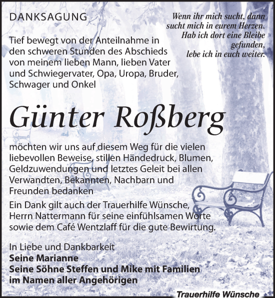 Traueranzeige von Günter Roßberg von Leipziger Volkszeitung
