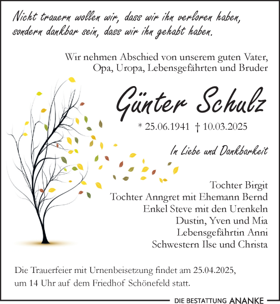 Traueranzeige von Günter Schulz von Leipziger Volkszeitung
