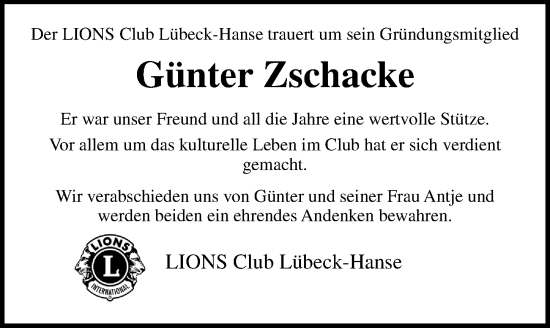 Traueranzeige von Günter Zschacke von Lübecker Nachrichten