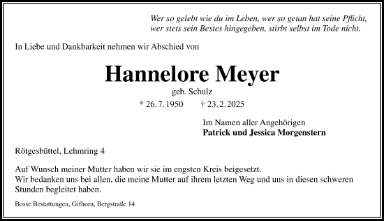 Traueranzeige von Hannelore Meyer von Aller Zeitung