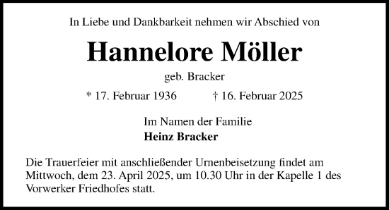 Traueranzeige von Hannelore Möller von Lübecker Nachrichten