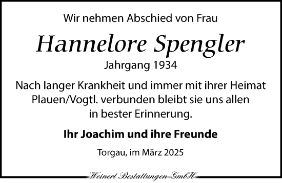 Traueranzeige von Hannelore Spengler von Torgauer Zeitung