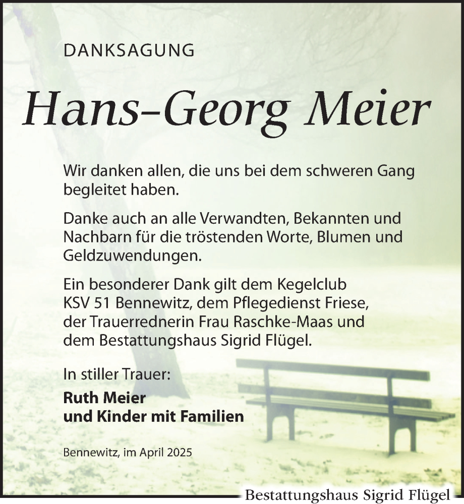  Traueranzeige für Hans-Georg Meier vom 19.04.2025 aus Leipziger Volkszeitung