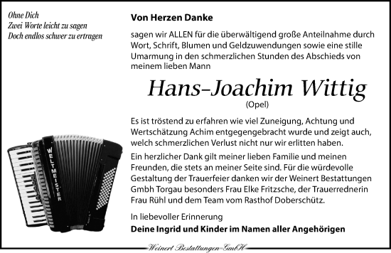 Traueranzeige von Hans-Joachim Wittig von Torgauer Zeitung