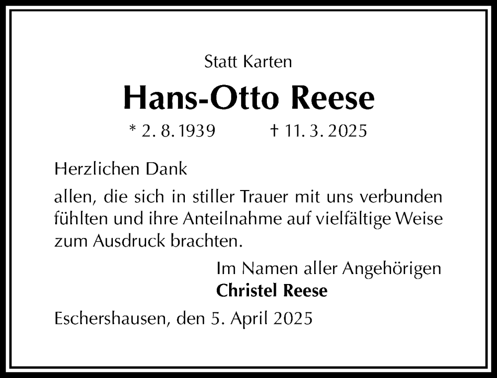  Traueranzeige für Hans-Otto Reese vom 05.04.2025 aus Täglicher Anzeiger Holzminden