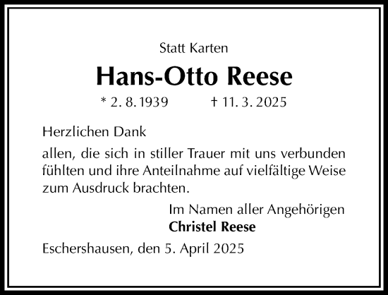 Traueranzeige von Hans-Otto Reese von Täglicher Anzeiger Holzminden