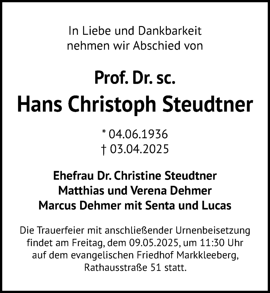  Traueranzeige für Hans Christoph Steudtner vom 19.04.2025 aus Leipziger Volkszeitung