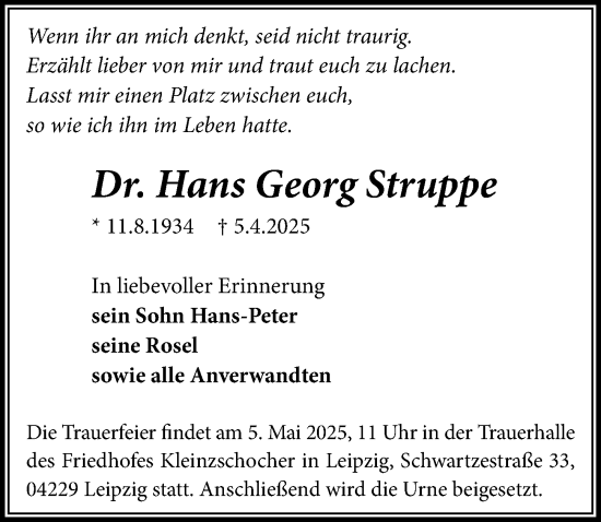 Traueranzeige von Hans Georg Struppe von Leipziger Volkszeitung
