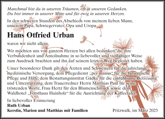 Traueranzeige von Hans Otfried Urban von Wochenspiegel