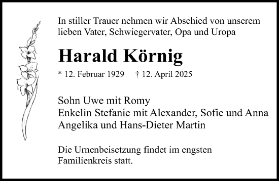 Traueranzeige von Harald Körnig von Sächsische Zeitung
