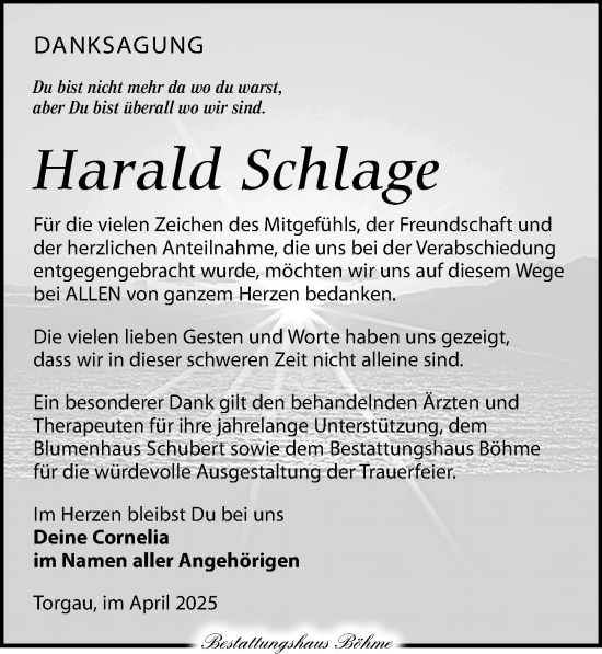 Traueranzeige von Harald Schlage von Torgauer Zeitung