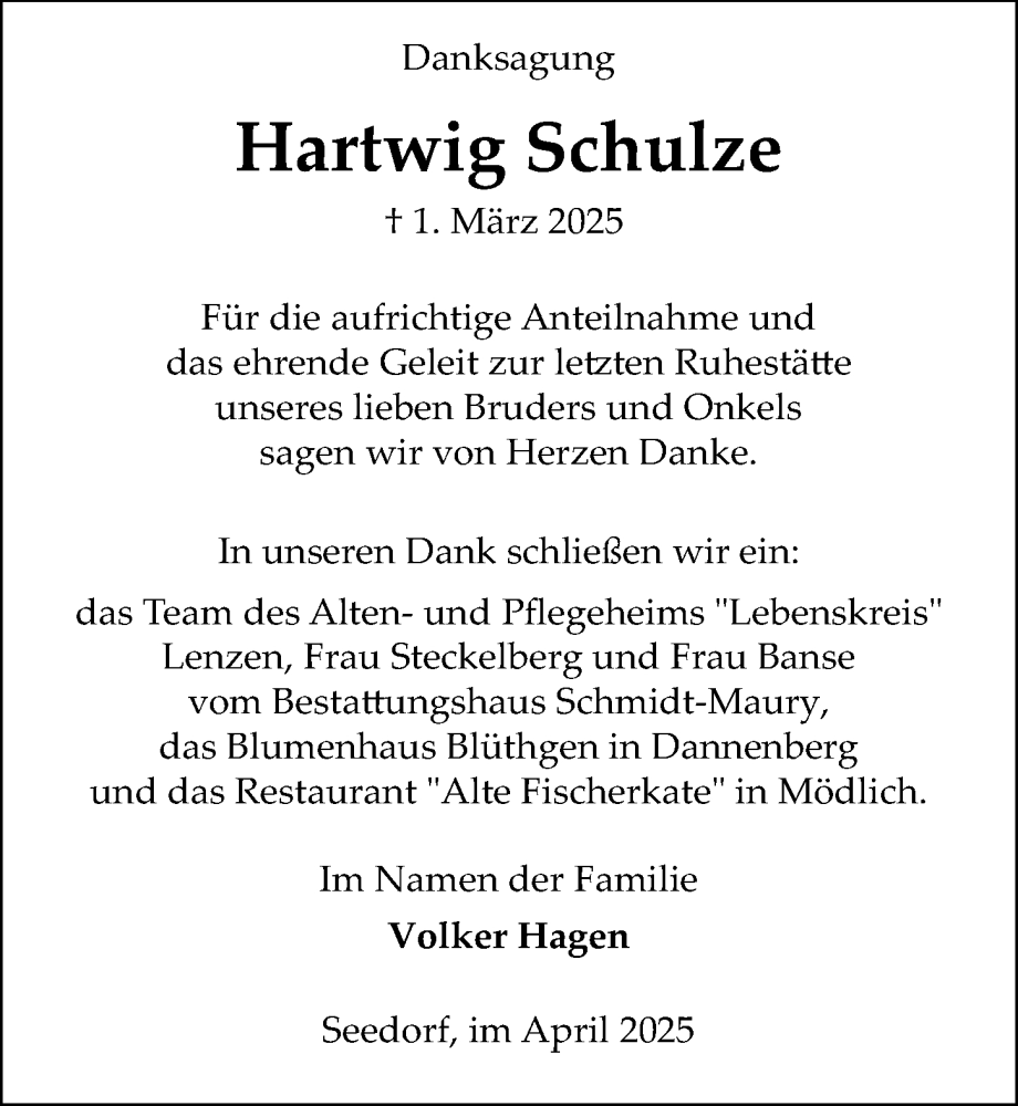  Traueranzeige für Hartwig Schulze vom 19.04.2025 aus Wochenspiegel