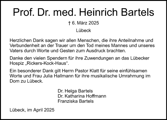 Traueranzeige von Heinrich Bartels von Lübecker Nachrichten