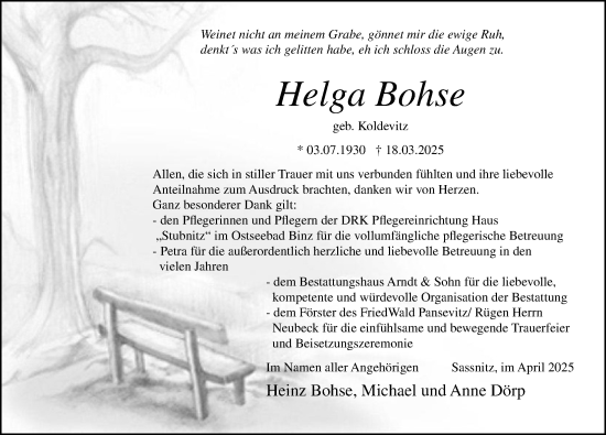 Traueranzeige von Helga Bohse von Ostsee-Zeitung GmbH