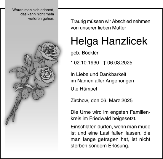 Traueranzeige von Helga Hanzlicek von Ostsee-Zeitung GmbH
