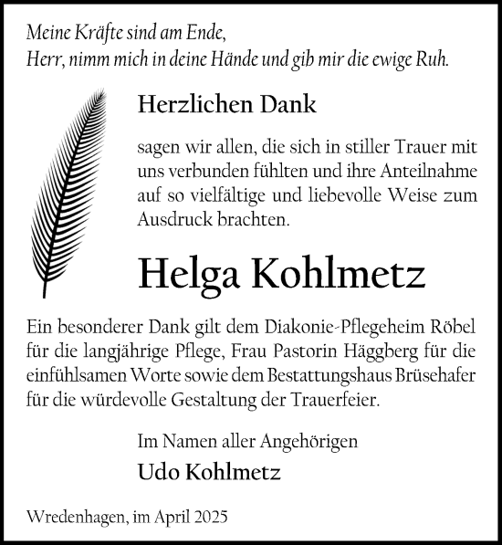 Traueranzeige von Helga Kohlmetz von Wochenspiegel