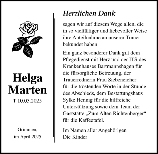 Traueranzeige von Helga Marten von Ostsee-Zeitung GmbH